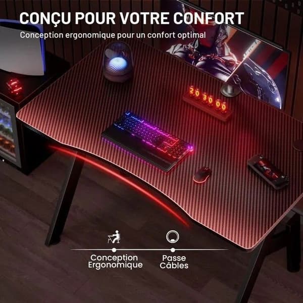 EcoFurnix 100 x 50 cm Gaming Skrivebord, Ergonomisk Computerbord, Computerbord med Carbonfiber Overflade, Sort Svart