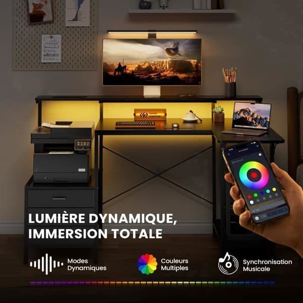 EcoFurnix Bureau gaming vinkel L foldbar 140 cm – Computerbord med stofskuffe og skærmstøtte – Sort