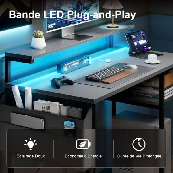 Computerbord - ECOFURNIX - 100 x 48 cm - To-niveau model - LED-belysning - Højdejusterbar - Grå Grå