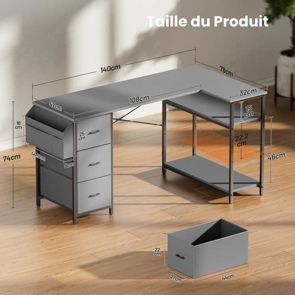 EcoFurnix 140 x 78 cm Spilbord, L med 3 skuffer, Computerbord med opbevaringspose, Grå Grå