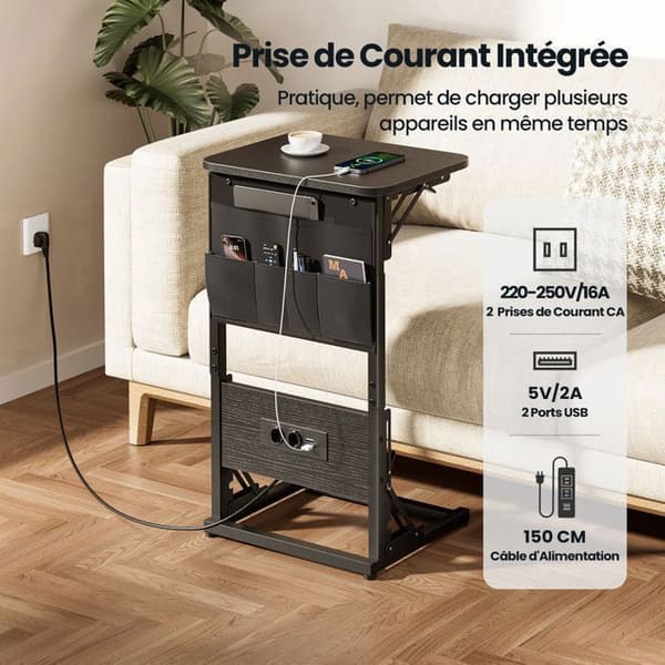 EcoFurnix C-Multiprise og Foldbar Sort Sidebord Svart