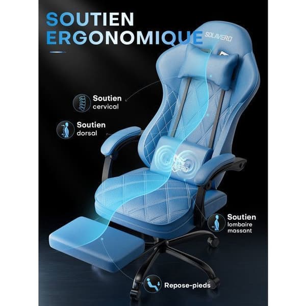 Ergonomisk Stol i Perforerat PU-Läder, Sittbredd 51 cm utan Sidoflänsar, med Fotstöd, Ländryggsstöd, Blå
