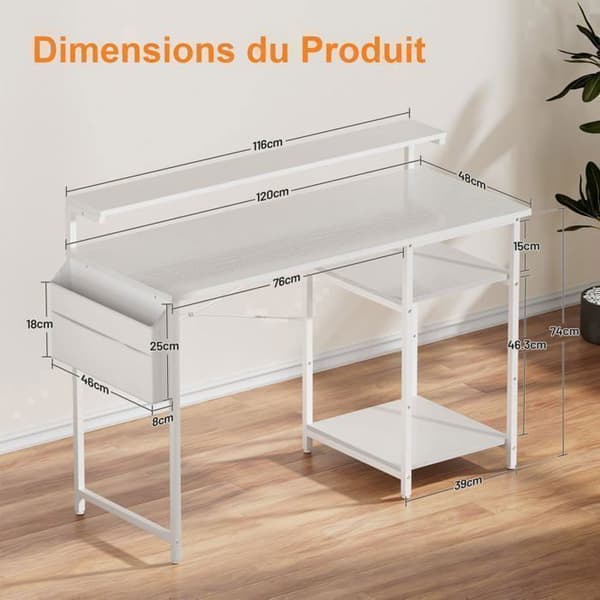 Datorbord - EcoFurnix - Tvånivåmodell - 120 x 48 cm - LED-belysning Vit