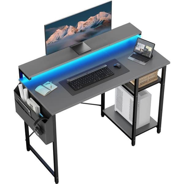 Computerbord - ECOFURNIX - 100 x 48 cm - To-niveau model - LED-belysning - Højdejusterbar - Grå Grå