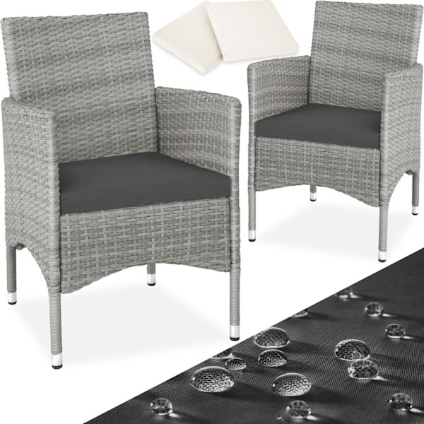 tectake 2 polyrattan havestole + hynder med 2 sæt betræk -  lysegrå/creme Light grey