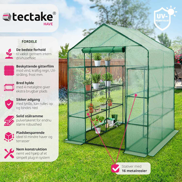 tectake Drivhus med presenning, firkantet 143x143x195cm Green