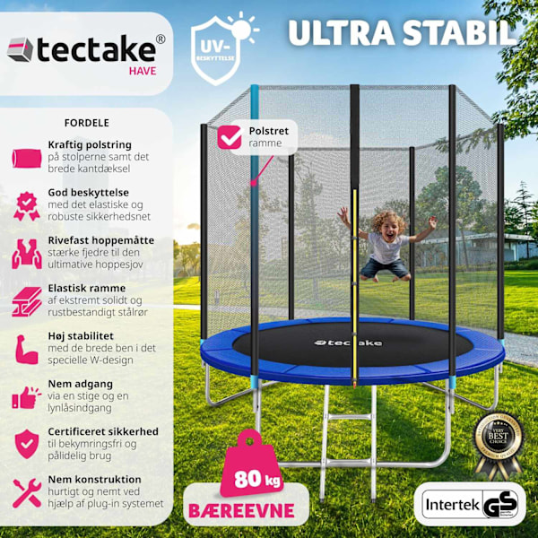 tectake Trampolin med sikkerhedsnet - 244 cm 244 cm Blue