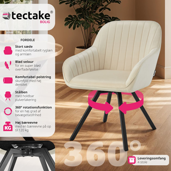 tectake Drejelig velour stol Snug, polstret -  creme Cream