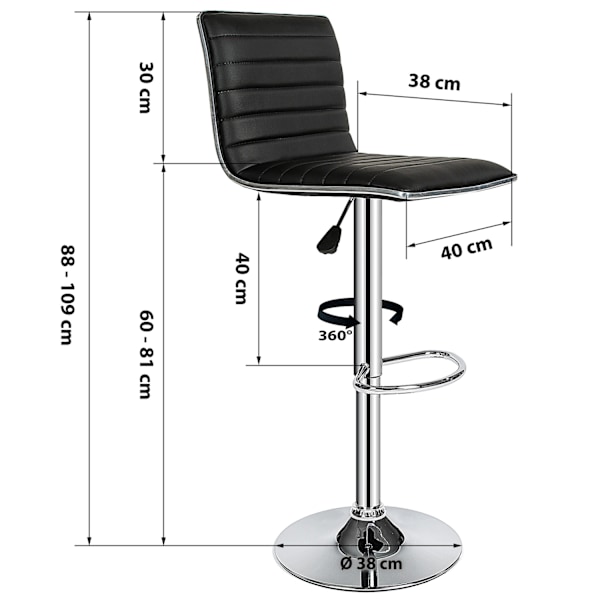 tectake Barstole, sæt med 2 stk., i kunstlæder og krom 60-81cm Black
