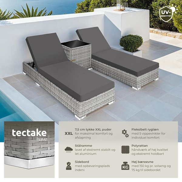 tectake Sæt med liggestole + bord i polyrattan/aluminium -  lysegrå Light grey
