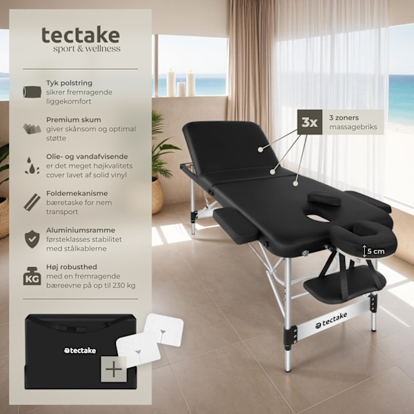 tectake 3 zoners massagebriks Phuket, bæretaske, aluminiumsramme -  sort Black