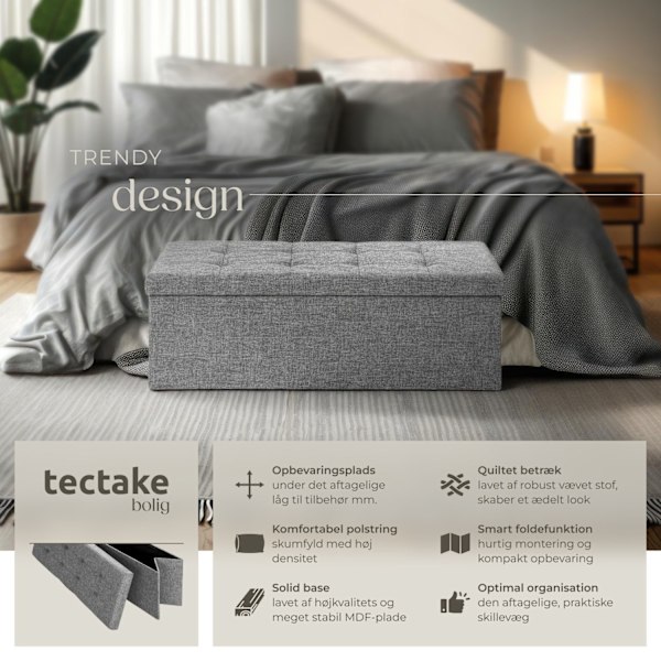 tectake Foldbar puf med opbevaring 110x38x38cm -  lysegrå Light grey