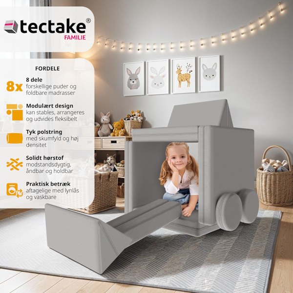 tectake Børnesofa Lilly, 8-delt, med sovefunktion - 120 cm Grey