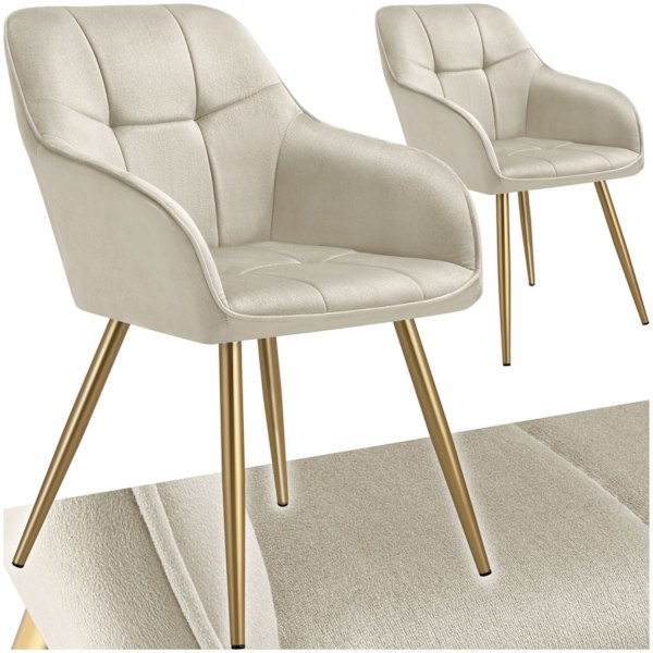 tectake Stol Marilyn, velour, quiltet -  creme/guld creme/guld