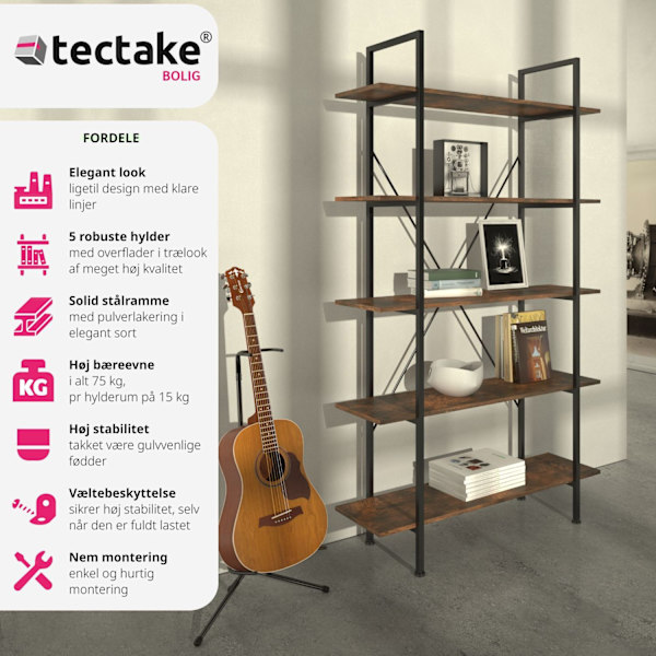 tectake Reol Glasgow 106 x 34,5 x 179,5 cm -  Industrielt mørkt træ, rustikt Dark brown