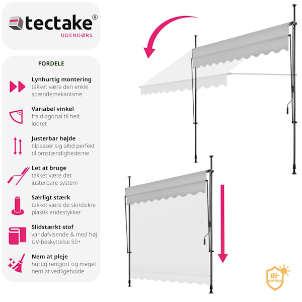 tectake Markise med håndsving, højdejusterbar - 250 x 180 cm Light grey