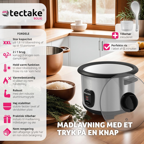 tectake Riskoger med dampindsats, 1,8 l, varmefunktion Silver