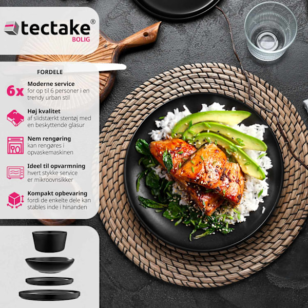 tectake Spisestel Una, af stentøj, til 6 personer - 24 dele 24 dele Black