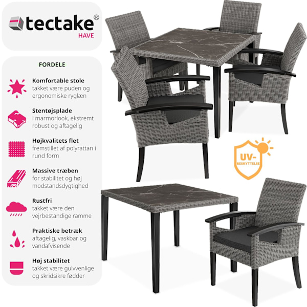 tectake Polyrattan havebord Taranto med 4 stole Rosarno -  grå Grey