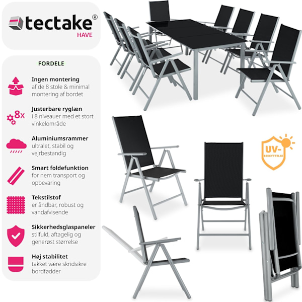 tectake Aluminium havemøbler, bord og 8 stole -  sølv Silver