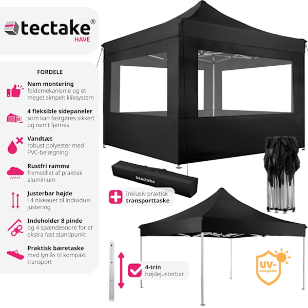 tectake Easy up pavillon Olivia 3x3 m med 4 sidestykker -  sort Black