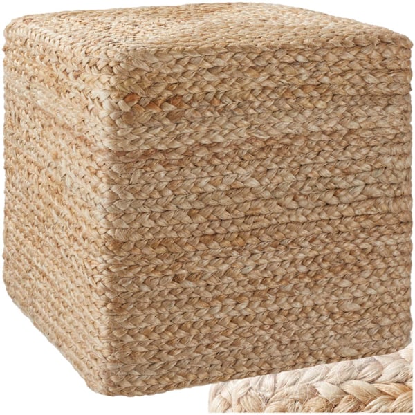 tectake Håndlavet puf Banno Cube i jute, firkantet, boho-stil Beige