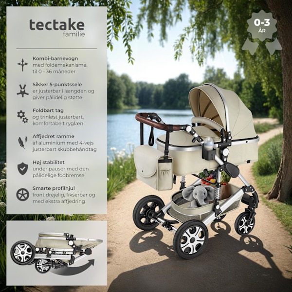 tectake Kombi-barnevogn Mats, sammenklappelig, 5-punktssele -  grå/beige Beige