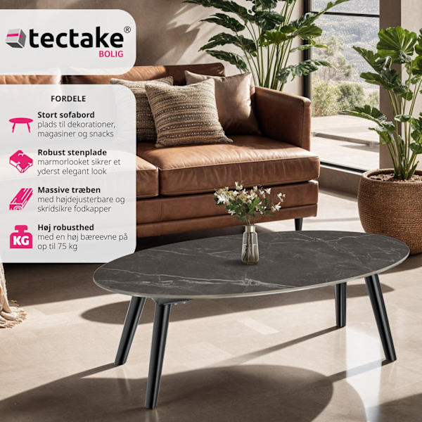 tectake Ovalt sofabord Acerra, marmorlook 100x50x34,5 cm -  sort Black