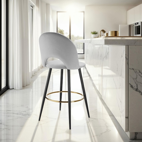 Barstol Sachel med rygstøtte, velour look - lysegrå/sort,Sæt med 2 stk. Light grey