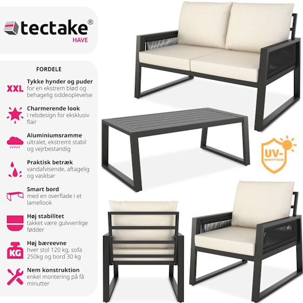tectake Gartenlounge-sæt Captive i reb-design - Sæt 1 (1 x sofa / 1 x bord / 2 x lænestole) Sæt 1 (1 x sofa / 1 x bord / 2 x lænestole) Graphite grey