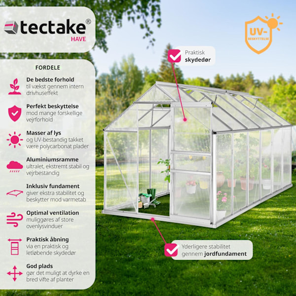 tectake Drivhus af aluminium med fundament, 185x375x195cm Transparent