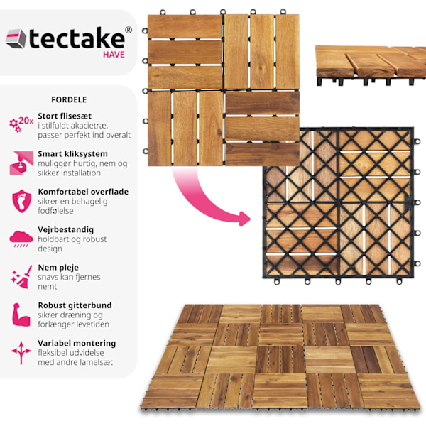 tectake Sæt med 20 terrassebrædder, Tabula akacietræ, 12 lameller Brown