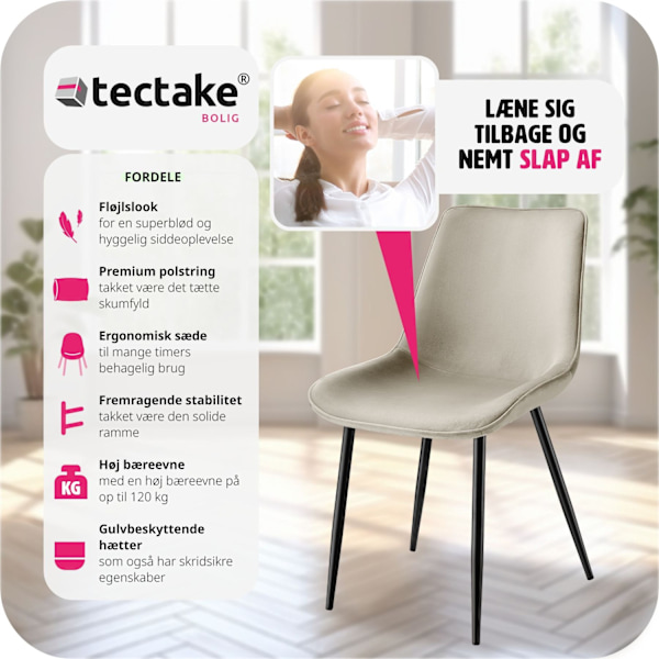 tectake Sæt stole Monroe velour look -  creme Cream