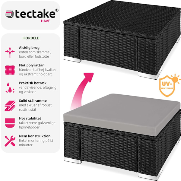 tectake Polyrattan puf med hynde -  sort/grå Grey