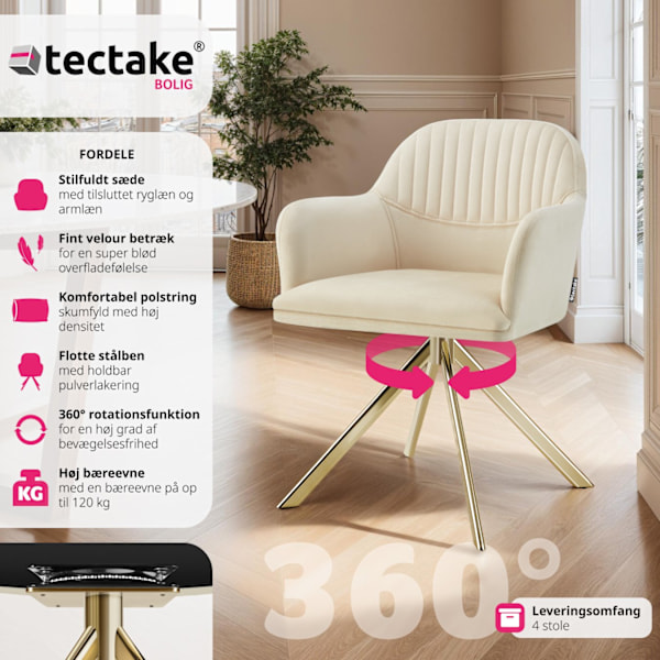 tectake Stol Lona, velour med polstring -  creme/guld creme/guld