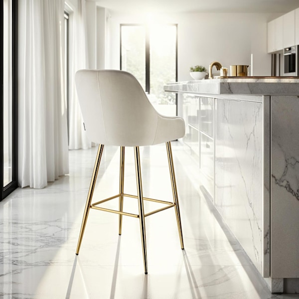 Barstol Avane med ryglæn, polstret, velour look - Sæt med 2 stk. creme/guld