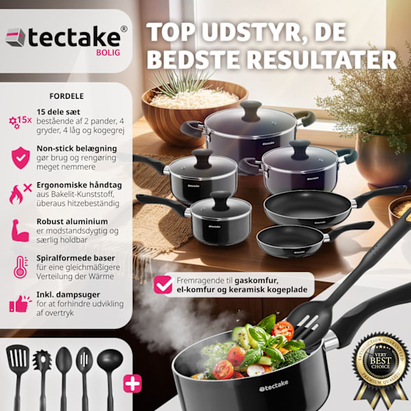 tectake Grydesæt Varese, aluminium med glaslåg, 15-dele Black