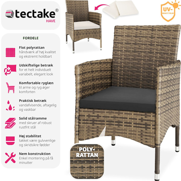 tectake 2 polyrattan havestole + hynder med 2 sæt betræk -  natur/mørkegrå Dark grey