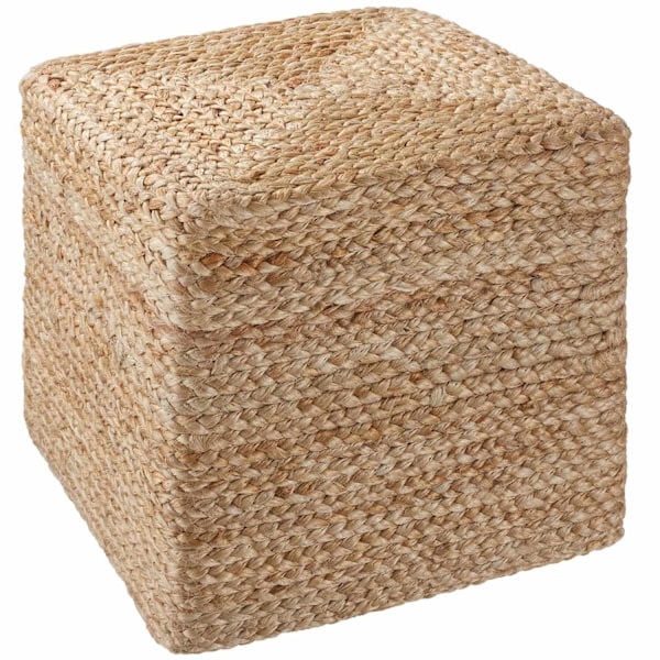 tectake Håndlavet puf Banno Cube i jute, firkantet, boho-stil Beige