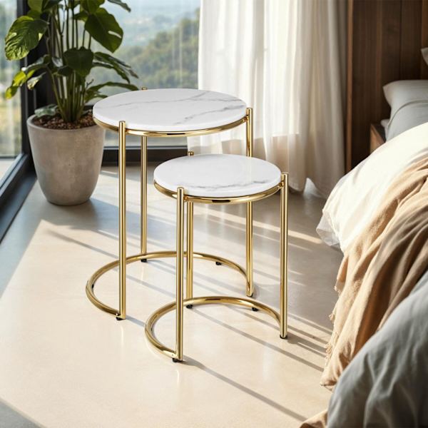 Sidebord Ellsa, marmorplade, stålramme - hvid/guld,Sæt med 2 stk. hvid/guld