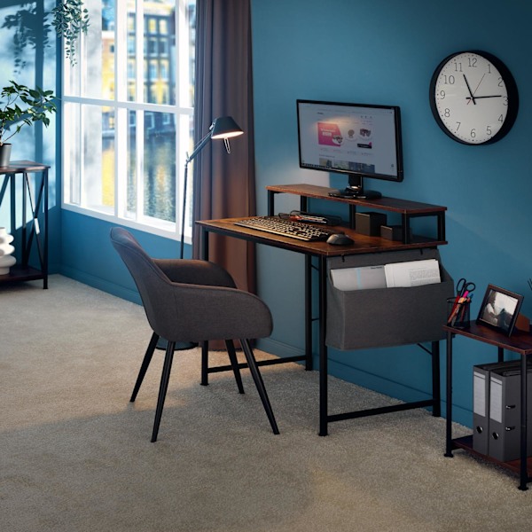 tectake Skrivebord med hylde og stofpose -  Industrielt mørkt træ, rustikt Dark brown