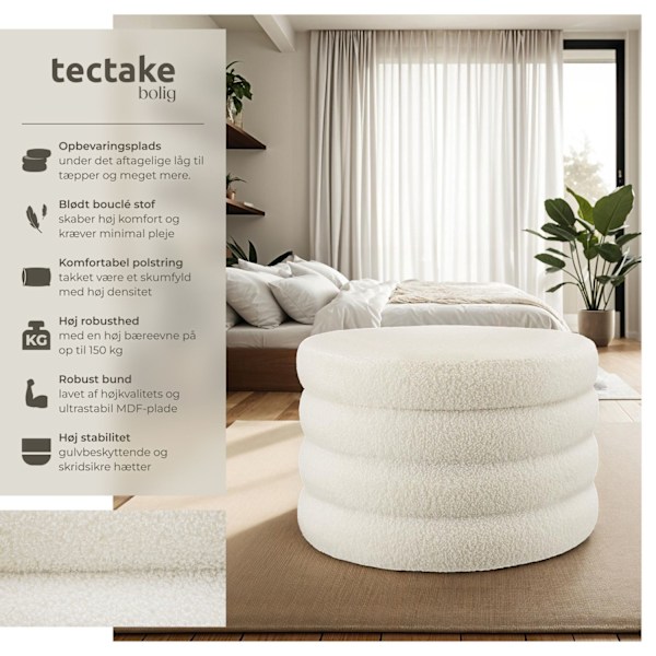 tectake Polstret skammel Altu XL, opbevaringsplads -  Bouclé creme-hvid Bouclé creme-hvid