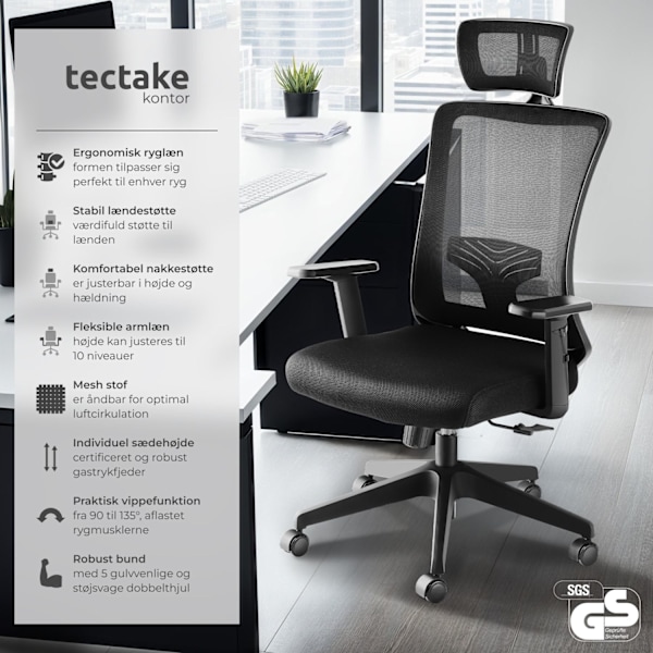 tectake Kontorstol Phoibe, ergonomisk Black