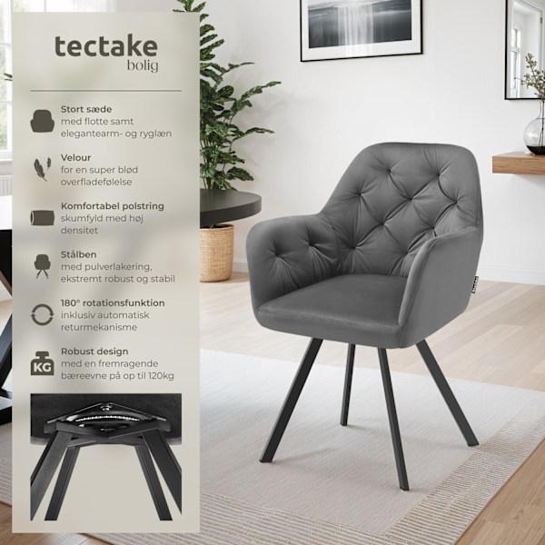 tectake Drejelig velour stol Lucia, polstret -  anthrazit Graphite grey