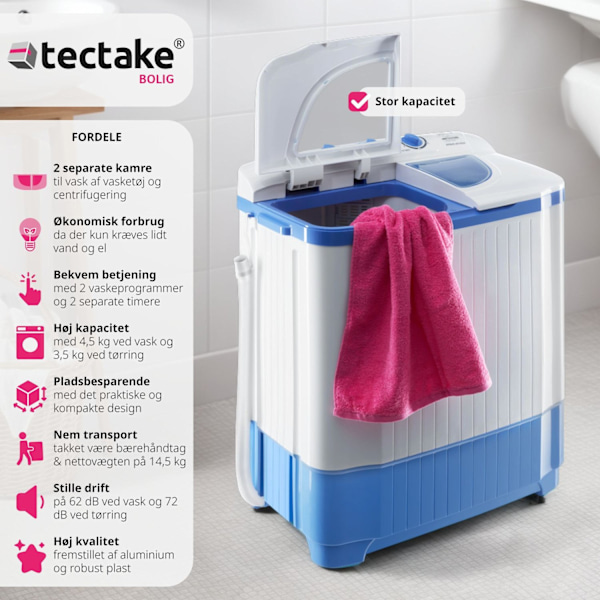 tectake Mini vaskemaskine med 4,5 kg. vask og 3,5 kg. centrifugering White