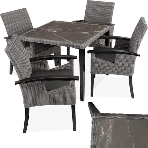 tectake Polyrattan havebord Taranto med 4 stole Rosarno -  grå Grey
