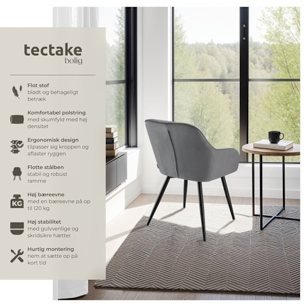 tectake Stol Marilyn, velour, quiltet -  grå/sort Black