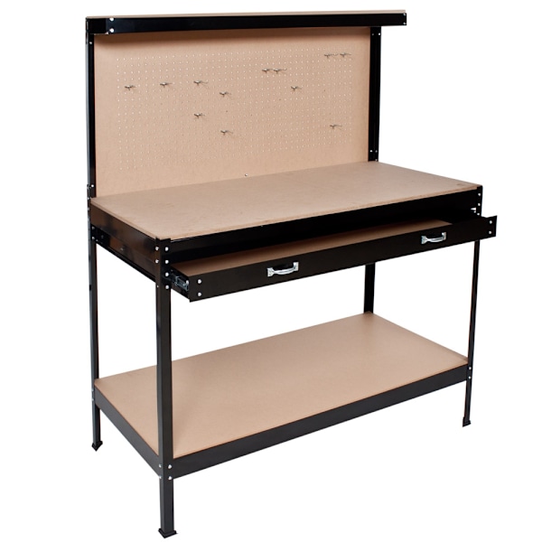 tectake Værkstedsbord med hulvæg og skuffe - 120 x 60 x 156 cm 120 x 60 x 156 cm Black