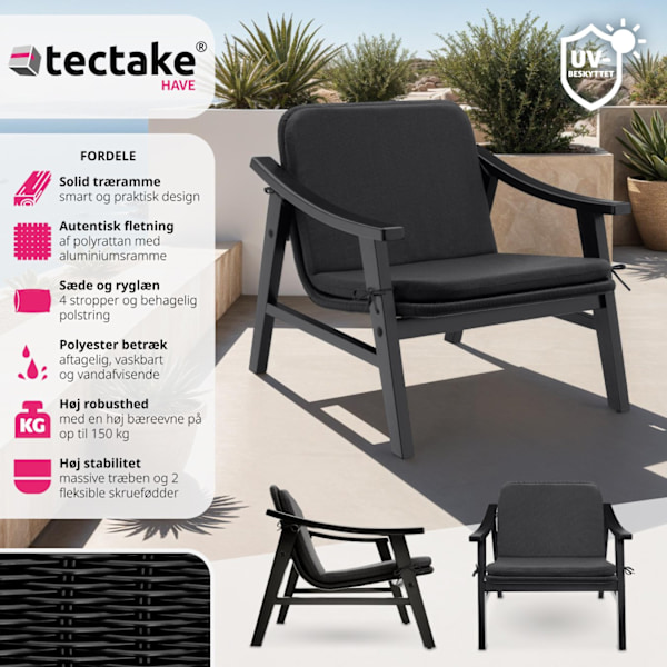 tectake Polyrattan havestol Treviso, træramme og polstring -  sort Black