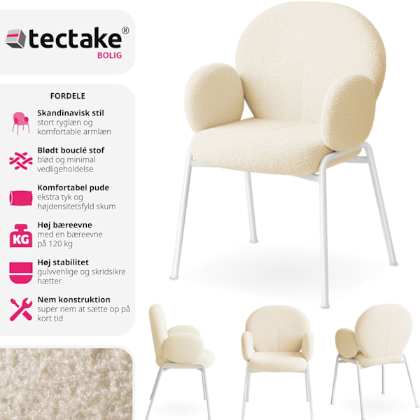 tectake Stol Scandi polstret, Bouclé-stof -  creme Cream